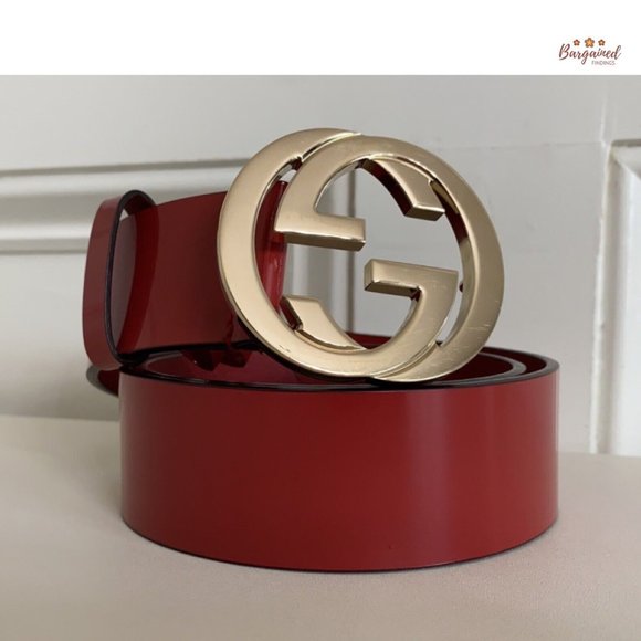 Authentic GUCCI Red Glossy Leather Gold Interlocking G Buckle Belt 80/32 - Picture 12 of 13